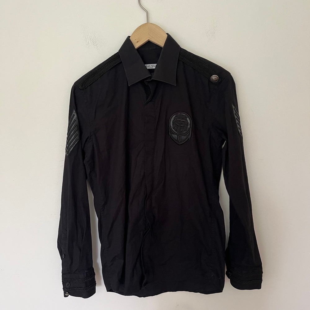 Balmain Paris Mens Black Military Shirt Lion Crest Braided Trim Epaulettes